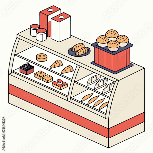 Isometric bakery display case with pastries and desserts