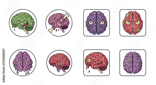 A collection of eight stylized illustrations of brains, some appearing decayed or monstrous, presented in circular and square frames.