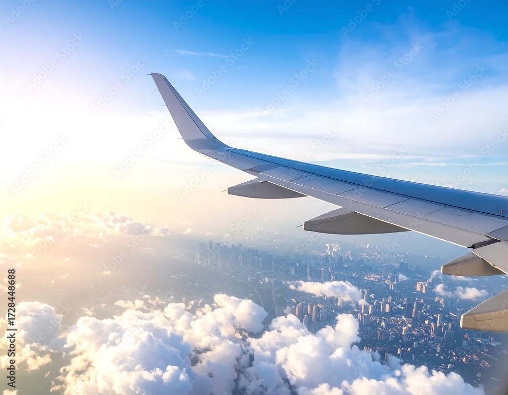 Obraz premium Aerial view of city through airplane wing at sunrise