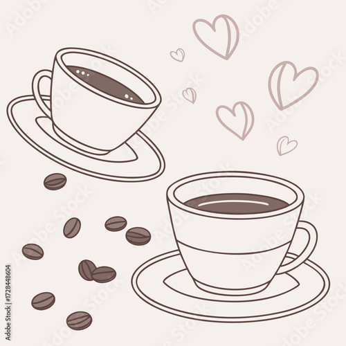 Coffee cups with coffee beans and hearts illustration
