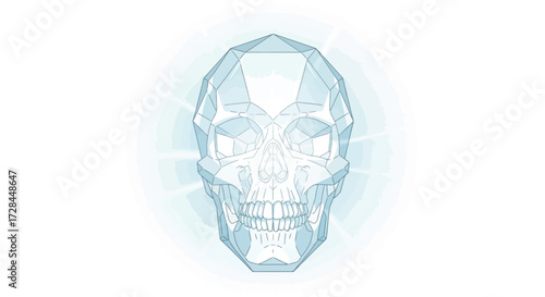 A stylized, geometric, translucent blue skull with radiating light effects on a white background.
