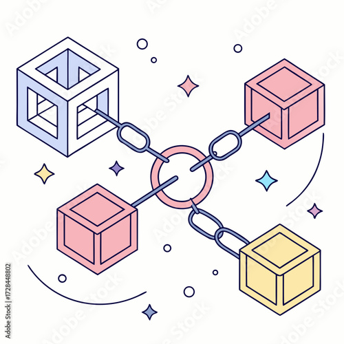 Blockchain network with connected cubes and chain