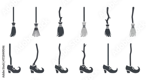 Collection of stylized witch brooms and shoes, perfect for Halloween or fantasy themes.