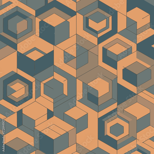 Geometric abstract pattern with overlapping cubes and hexagons in muted colors. Abstract graphic design of layered shapes in a repeating pattern.
