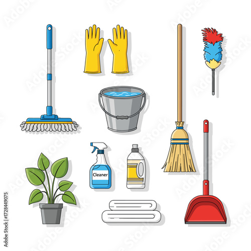 Cheerful Cartoon Cleaning Supplies:  Mop, Broom, Bucket, Gloves, and More