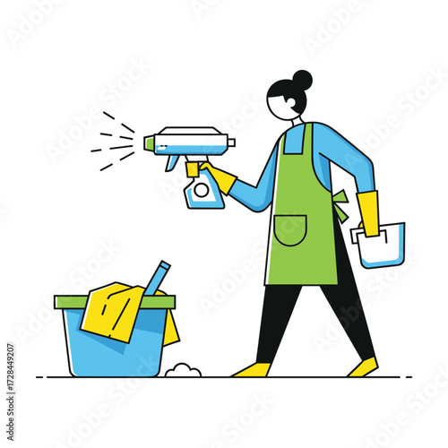 Cleanliness professional spraying cleaning solution, minimalist line art style.