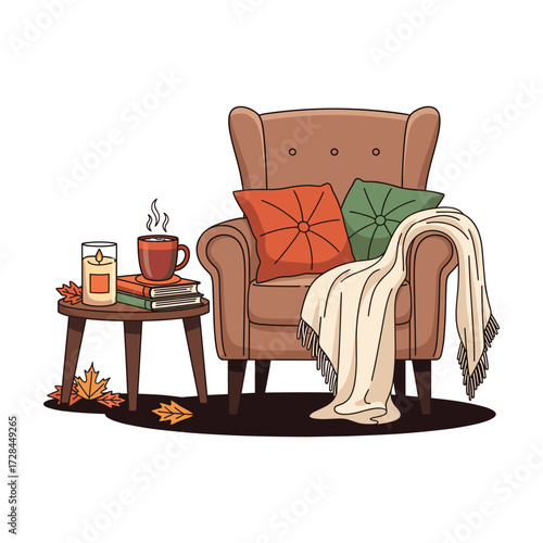 Cozy Autumn Armchair Scene: Warm Drink, Books, and Candlelight