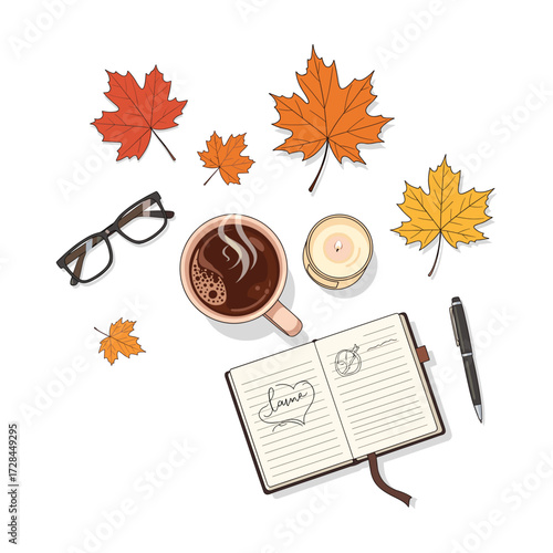 Cozy Autumn Flatlay: Coffee, Candle, Journal, and Fall Leaves
