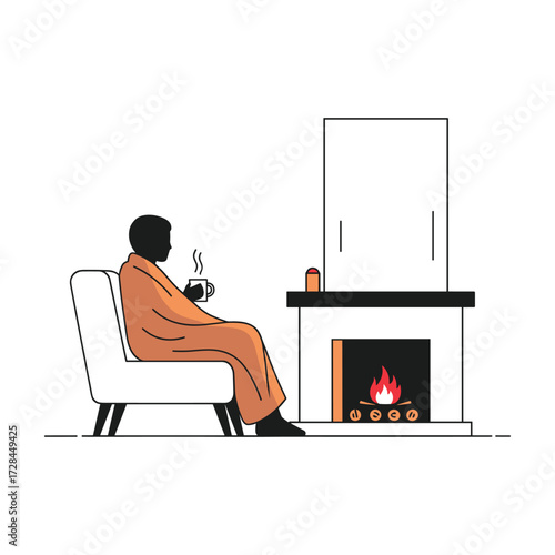 Cozy Minimalist Line Art: Person Relaxing by Fireplace with Warm Drink
