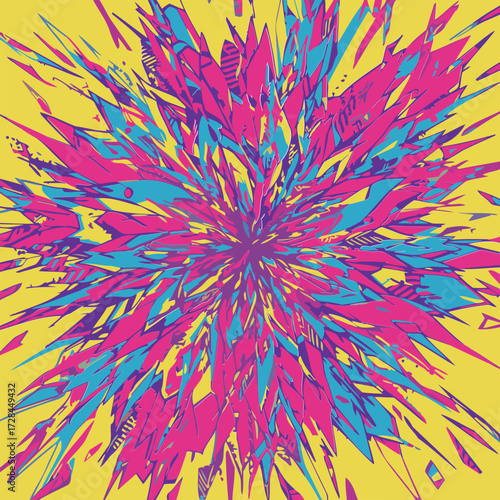 Abstract vibrant explosion graphic design with radiating colors and geometric shapes. Intense visual design radiating outward from center.