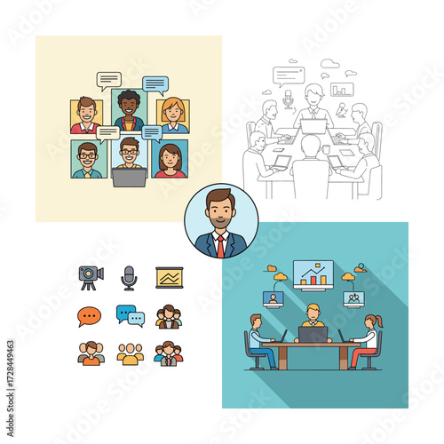 Diverse Team Online Meeting: Flat Design Icons and Illustrations