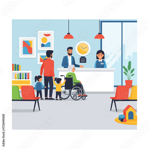 Happy Family at Modern Clinic Reception Desk, Inclusive Design