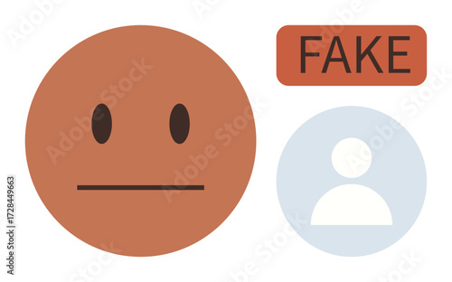 Neutral face next to Fake label above abstract user symbol. Ideal for identity verification, impersonation, cybersecurity, fake accounts, fraud, misrepresentation, online safety. Simple flat metaphor