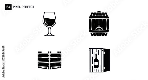 Wine icons: glass, barrel, crate, and bottle in wooden box.