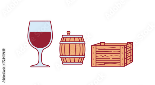 A wine glass filled with red wine, a wooden barrel, and a wooden crate are displayed side-by-side against a white background.