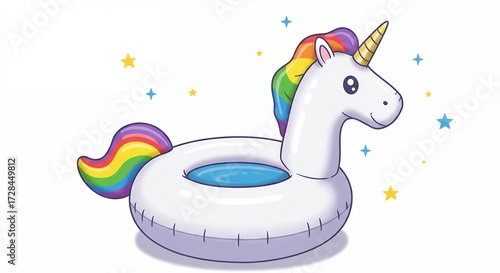 Cartoon depiction of a unicorn pool float with rainbow mane and tail white background