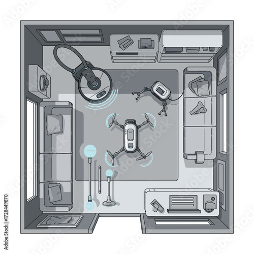 Smart Home Automation: Drone, Robot Vacuum, and Robotic Arm in Modern Living Room