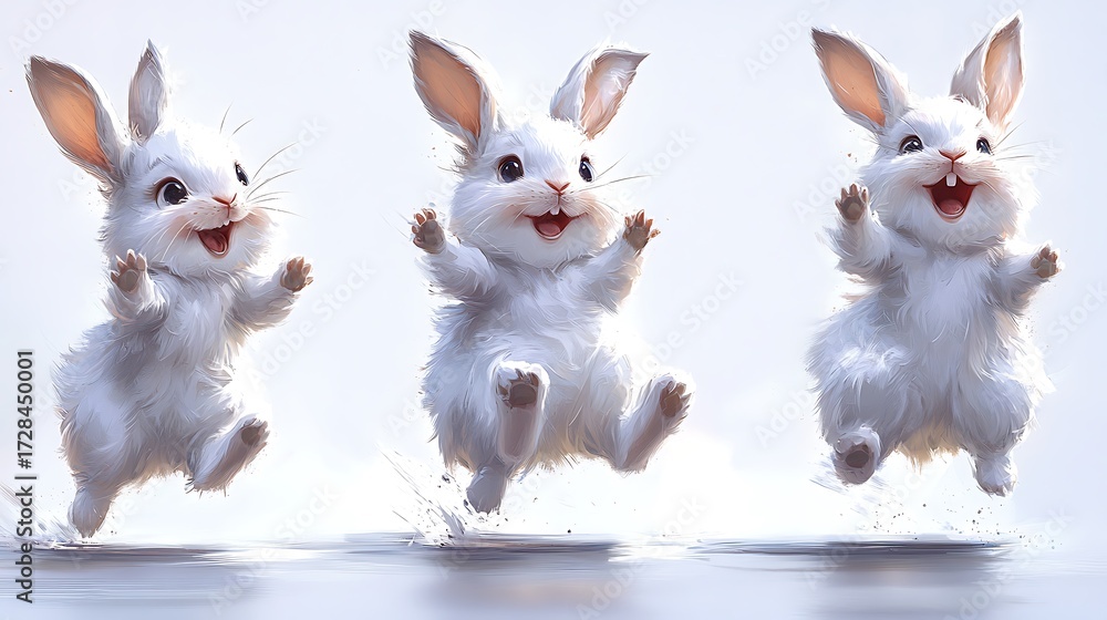 Fototapeta premium Three happy rabbits jumping playful joy fluffy energy wallpaper
