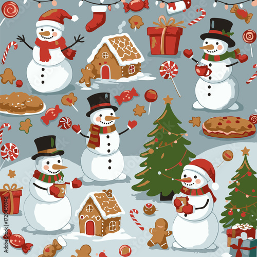 Christmas snowmen and treats in a wintery wonderland setting. Cute snowmen in various poses with gingerbread houses, Christmas trees, candy, and gifts scattered around.