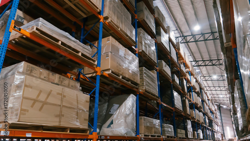 Interior of a modern warehouse storage of retail shop with pallet truck near shelves. 