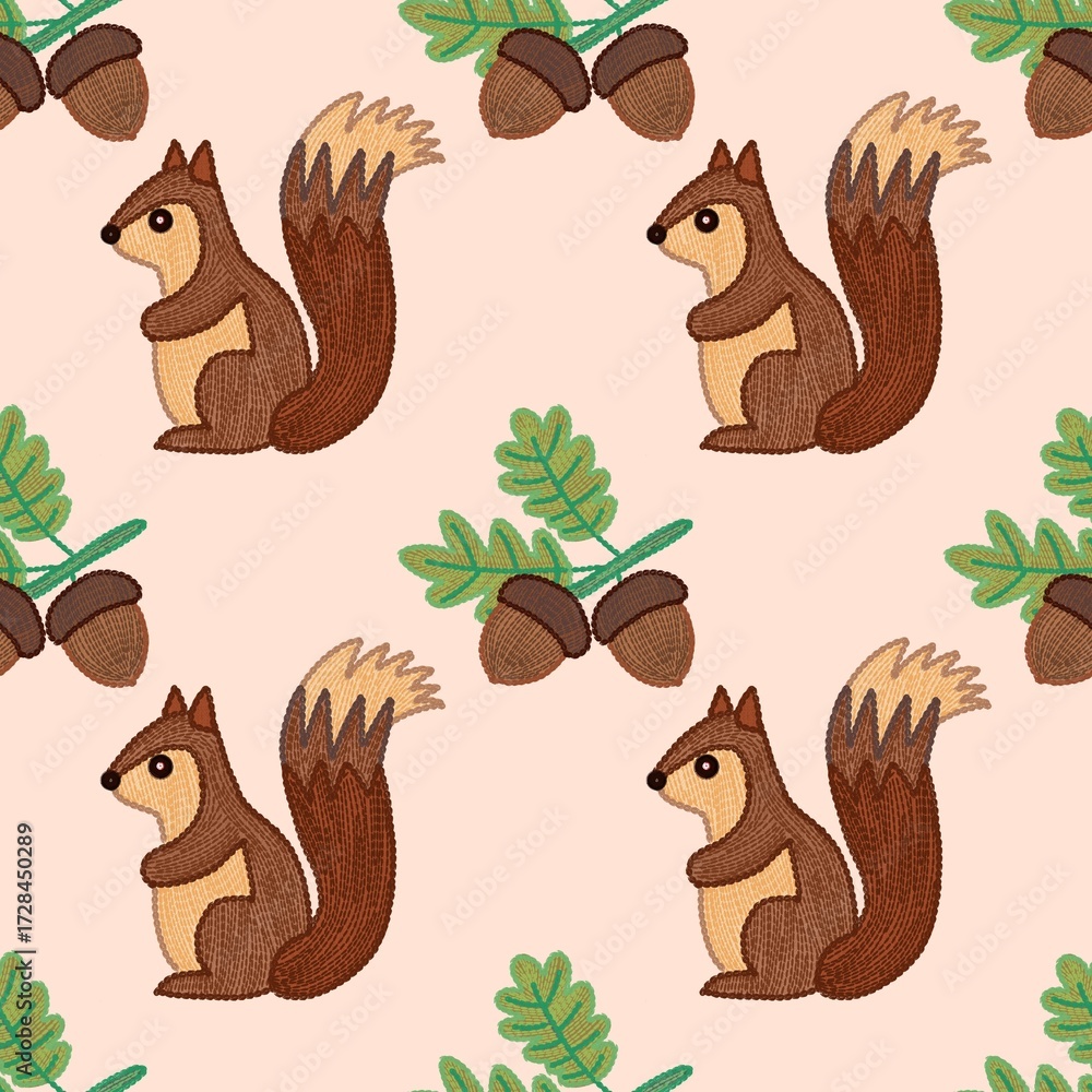 Fototapeta premium Cute Squirrel and Acorn Seamless Pattern – Woodland Autumn Design