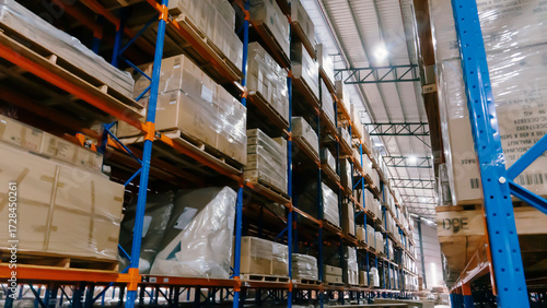 Interior of a modern warehouse storage of retail shop with pallet truck near shelves. 