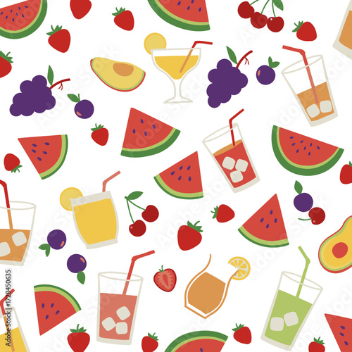 Fruit and juice pattern with various fruit slices and drinks in assorted colors. Colorful summer refreshment images on a plain white background.