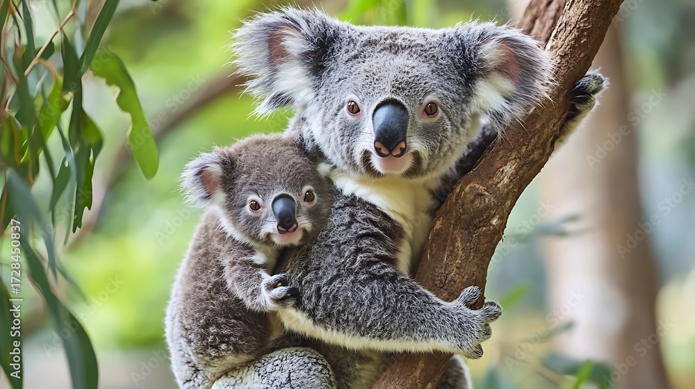 Fototapeta premium Mother koala with baby on her back on eucalyptus tree