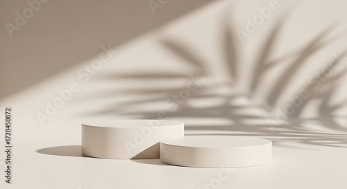 Two round, creamcolored pedestals with palm leaf shadows on a neutral background