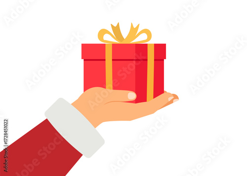 Santa hand holding christmas gift box stock illustration