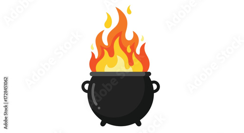 A black cauldron with bright orange and yellow flames erupting from its opening, set against a white background.