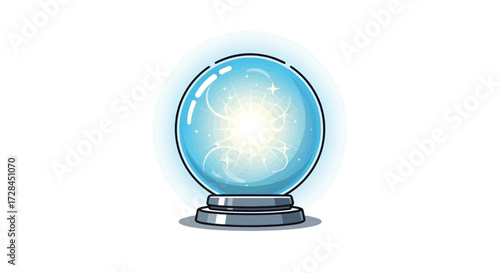 A glowing crystal ball with swirling light and energy emanating from within, resting on a metallic stand.