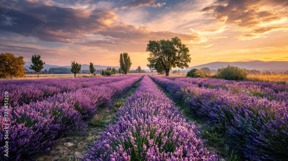 Naklejka premium Lavender field at sunrise