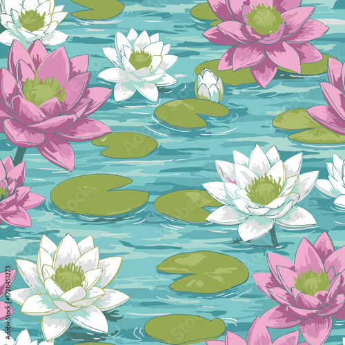 Water lilies in a tranquil water scene with rippled water. Floral design of pink and white water lilies, with lush green leaves and delicate stems.