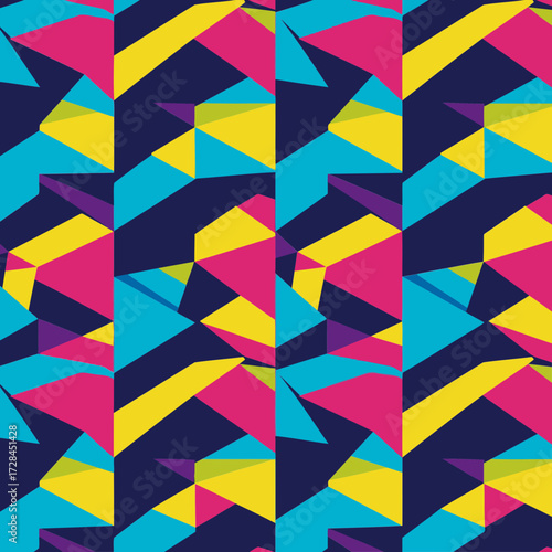 Abstract geometric pattern with vibrant colors in a repeating design. Bold shapes and dynamic angles create a modern, eye-catching visual.