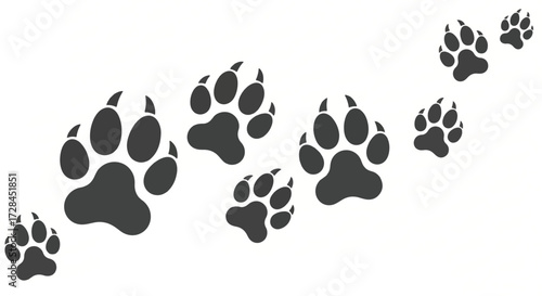 A trail of black paw prints leading diagonally across a white background.