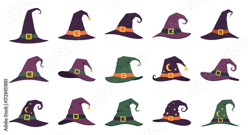 A collection of fifteen colorful witch hats with various designs and patterns, perfect for Halloween or fantasy themes.