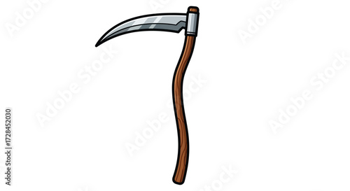 A cartoon illustration of a scythe with a curved silver blade and a brown wooden handle.