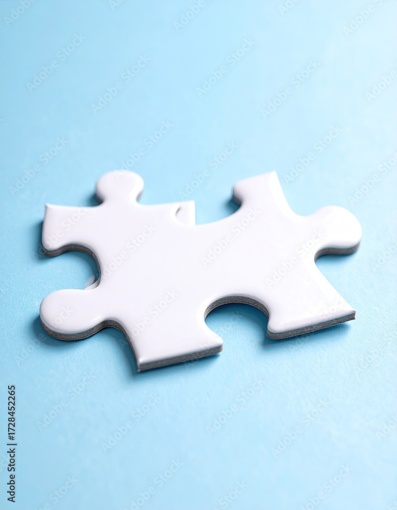 Fototapeta premium Single white jigsaw piece on a light blue background, slightly angled