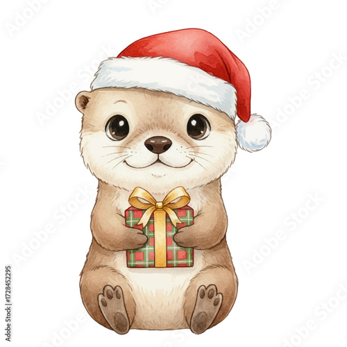Cute baby ferret or otter wearing red Santa hat vector illustration. Sweet animal sitting and happily holding plaid-patterned gift box tied with golden ribbon.