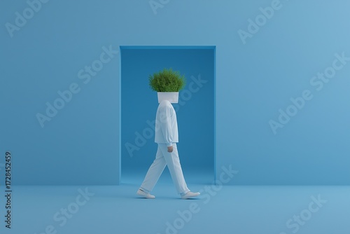 A minimalist, surreal 3D render of a figure in a white suit, walking. The head is replaced by a cube with a tuft of green grass on top, symbolizing growth and eco-friendliness