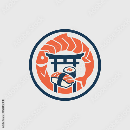 Vibrant Japanese sushi restaurant logo featuring a stylized salmon, traditional torii gate, and delicious sushi pieces, perfect for branding Asian cuisine.