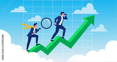 Business forecast and future vision vector illustration with businessman looking through binoculars