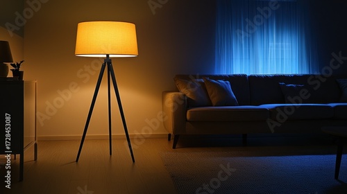 Cozy room floor lamp casts warm glow, contrasted with blue curtains