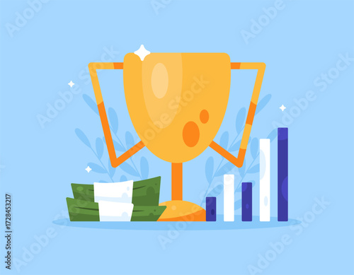 A concept of achievement and success. increased performance, awards, competition prizes and contests. Illustration of a wad of money, a gold trophy, and a bar chart. Flat style design. Blue background