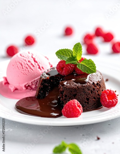 Molten chocolate cake, served warm with raspberry ice cream, fresh raspberries, mint, and chocolate sauce on a white plate
