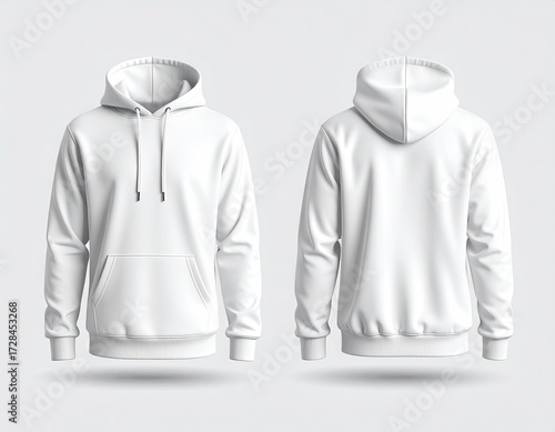 A clean, front and back view of a plain white hooded sweatshirt with a kangaroo pocket and drawstring hood