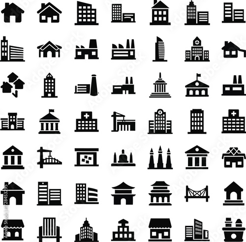 Collection of diverse building icons and silhouettes