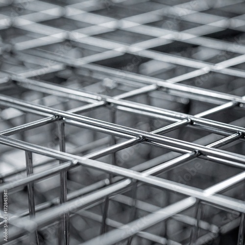 Close-up of a metallic grid pattern, showing intersecting square sections of thin, welded rods