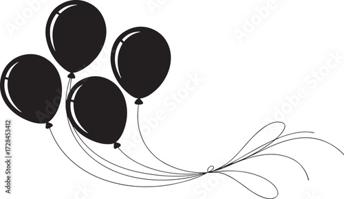 Black balloon silhouette cluster with strings – minimalist vector graphic for celebration, decoration, and design use.